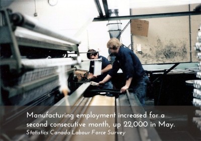 Manufacturing employment increased for a second consecutive month, up 22,000 in May.