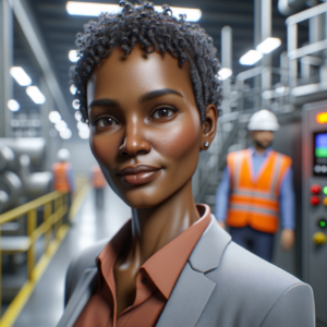create a photo-realistic picture of a female person of colour experienced plant manager who is a professional in the manufacturing sector and doing his job, unreal engine, ray-tracing, realistic skin, medium contrast, warmth 6300k, manufacture on the background, no words in the picture.