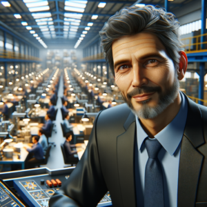 create a photo-realistic picture of an experienced operations manager who is a professional in the manufacturing sector and doing his job, unreal engine, ray-tracing, realistic skin, medium contrast, warmth 6300k, manufacture on the background, no words.