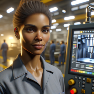 create a photo-realistic picture of an experienced female CNC Operator who is a professional in the manufacturing sector, unreal engine, ray-tracing, realistic skin, medium contrast, warmth 6300k, manufacture on the background, no words
