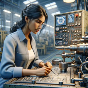 create a photo-realistic picture of an experienced Power Engineer who is a professional in the manufacturing sector, unreal engine, ray-tracing, realistic skin, medium contrast, warmth 6300k, manufacture on the background, no words