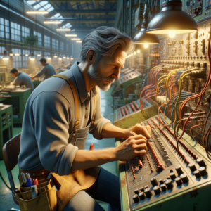 create a photo-realistic picture of an experienced Electrician who is a professional in the manufacturing sector, unreal engine, ray-tracing, realistic skin, medium contrast, warmth 6300k, manufacture on the background, no words