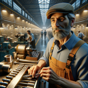 create a photo-realistic portrait of an experienced millwright who is a professional in the manufacturing sector, unreal engine, ray-tracing, realistic skin, medium contrast, warmth 6300k, manufacture on the background, no words.