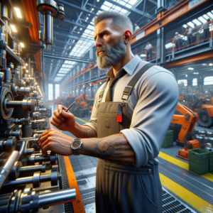 create a photo-realistic portrait of an experienced heavy duty mechanic who is a professional in the manufacturing sector, unreal engine, ray-tracing, realistic skin, medium contrast, warmth 6300k, manufacture on the background, no words