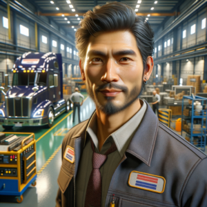 create a photo-realistic portrait of an experienced Truck & Trailer Mechanic who is a professional in the manufacturing sector, unreal engine, ray-tracing, realistic skin, medium contrast, warmth 6300k, manufacture on the background, no words