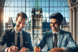 Make An Image Showing Two Canadian Managers Filling Out Government Paperwork Together Happily With A Nice Window In The Background