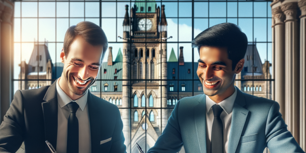 Cree una imagen que muestre a dos gerentes canadienses completando documentos gubernamentales juntos y felices con una bonita ventana al fondo.