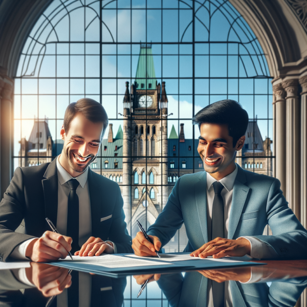 Créez une image montrant deux gestionnaires canadiens remplissant joyeusement des documents gouvernementaux ensemble avec une jolie fenêtre en arrière-plan